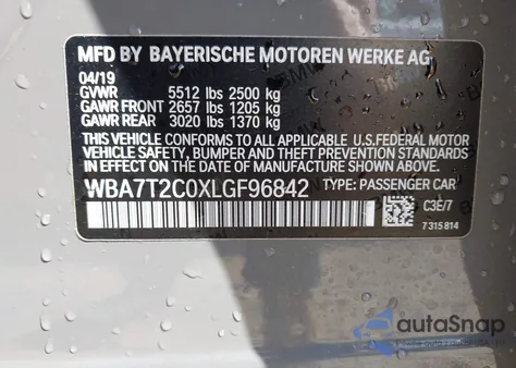 2020 BMW 740I z USA, uszkodzony, nr VIN WBA7T2C0XLGF96842